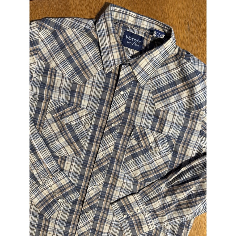 Wrangler Western Snap Shirt Men XL Blue Tan Plaid Pearl Snaps Long Sleeve